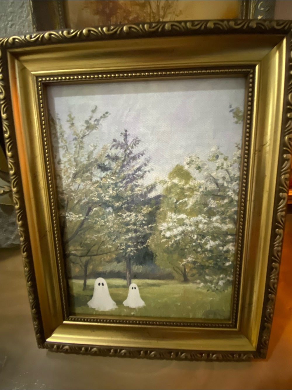Framed Green Landscape Wall Art with White Ghost Accents